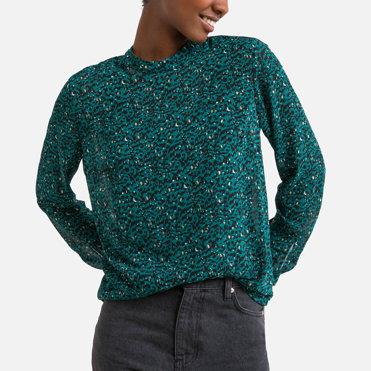 Блузка С воротником-стойкой длинными рукавами с принтом XL зеленый LaRedoute, размер XL - фото 1