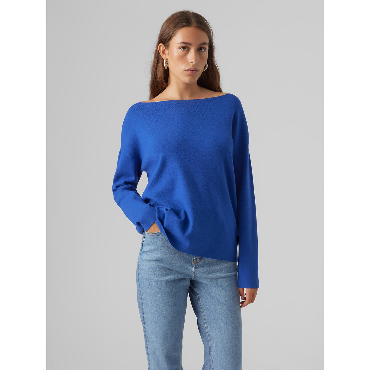 Пуловер с вырезом-лодочкой из тонкого трикотажа XS синий