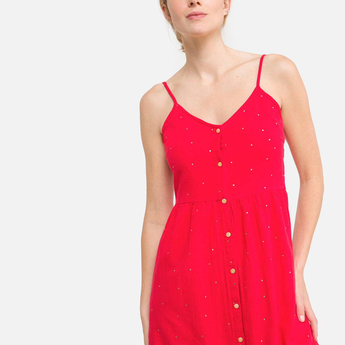 Платье Короткое с принтом в горошек на тонких бретелях S красный
