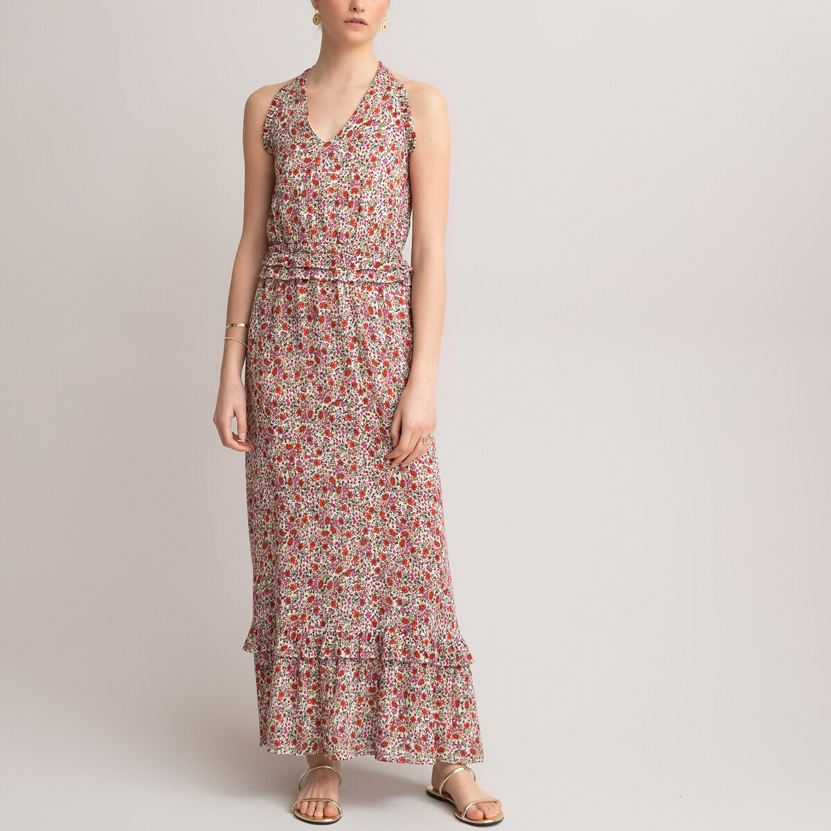 Платье Длинное с открытой спинкой и цветочным принтом 52 разноцветный
