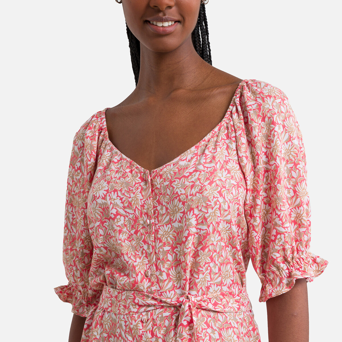 Платье Расклешенное с V-образным вырезом короткими рукавами и принтом XL розовый LaRedoute, размер XL - фото 3
