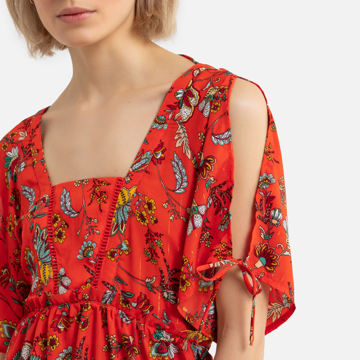 Платье LaRedoute С цветочным принтом квадратный вырез открытая спинка с завязками L красный, размер L - фото 3