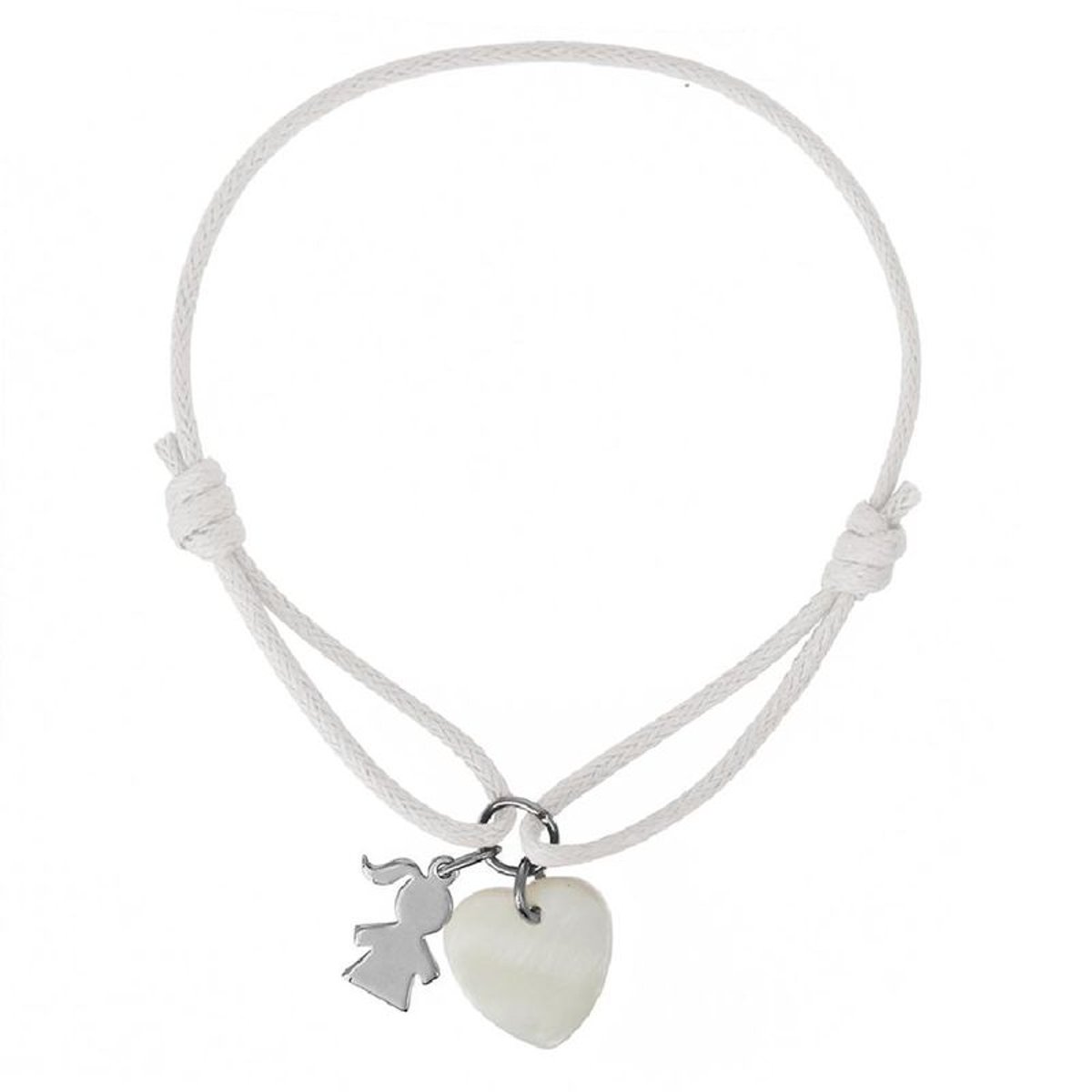 Bracelet Cordon Blanc Longueur réglable Pampille Petite Fille Coeur Nacre Blanche Argent 925