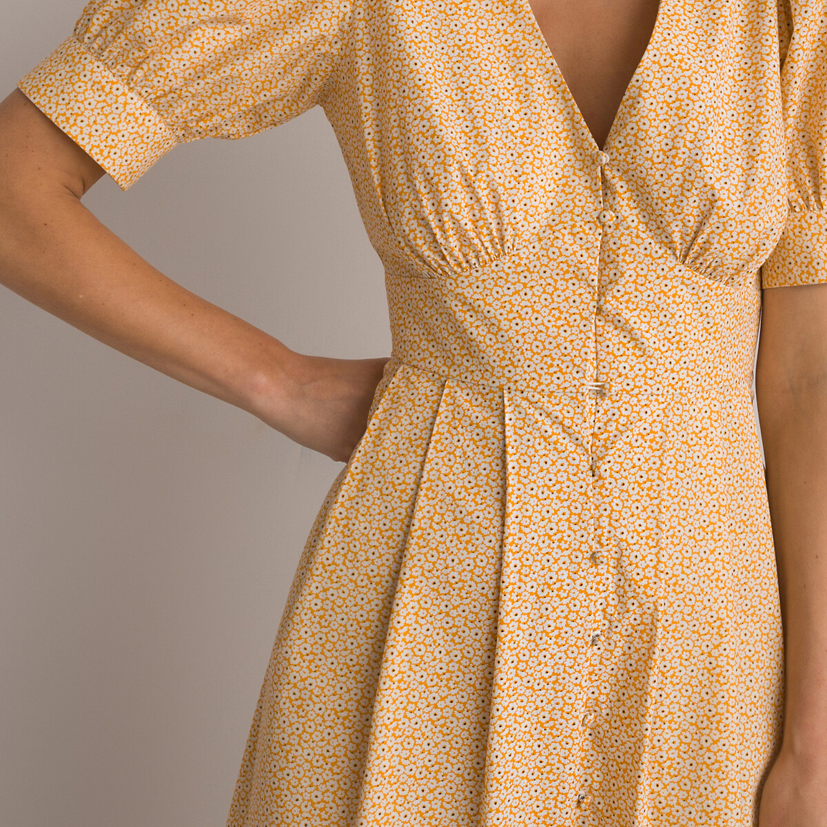 Платье Расклешенное V-образный вырез короткие рукава цветочный принт 42 желтый