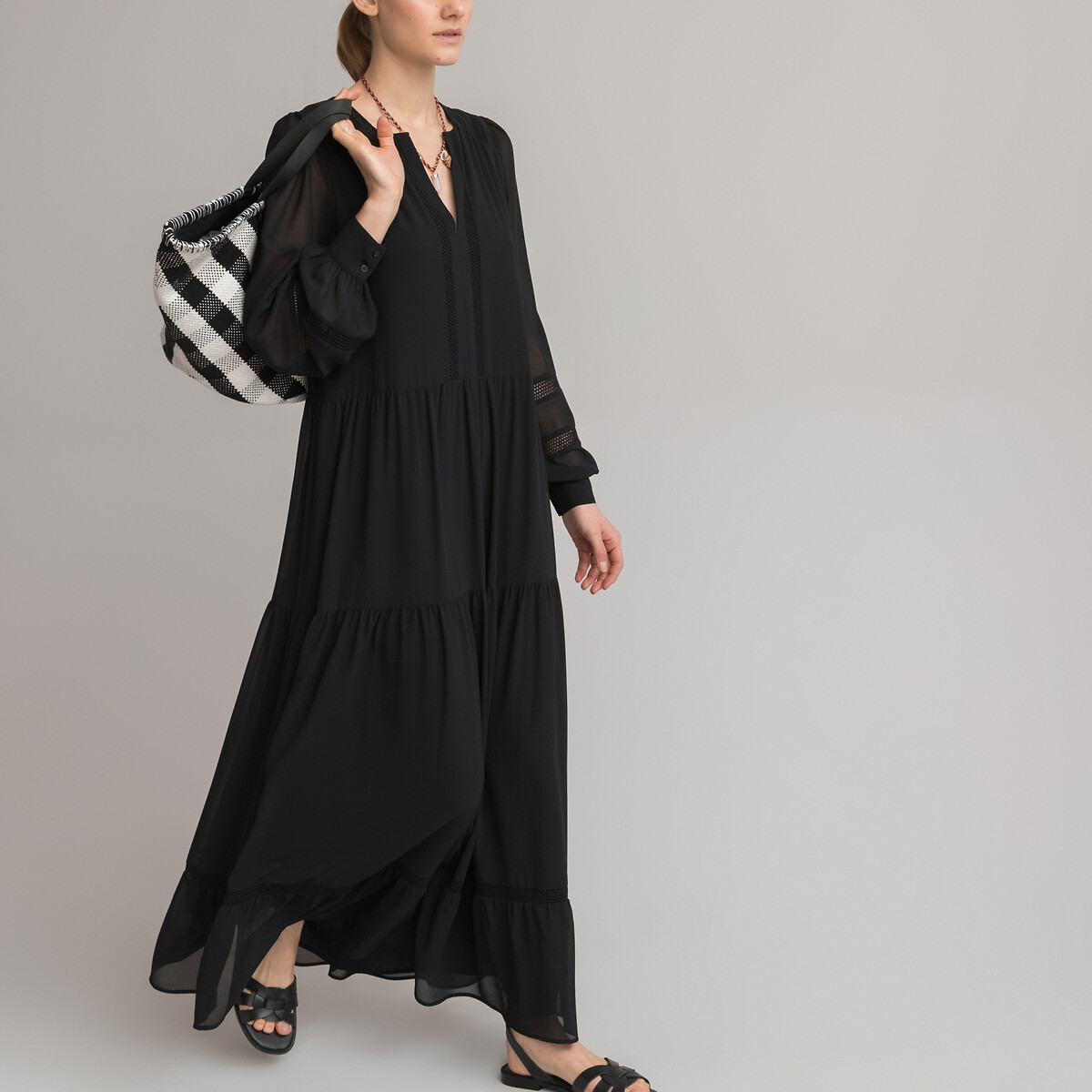 Платье-макси LA REDOUTE COLLECTIONS Из вуали круглый вырез длинные рукава 52 черный, размер 52 - фото 1