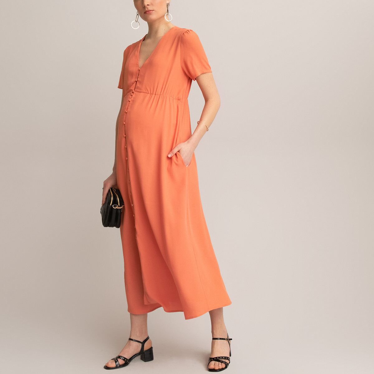 Платье LaRedoute Для периода беременности длинное вырез с короткими рукавами 36 (FR) - 42 (RUS) оранжевый, размер 36 (FR) - 42 (RUS) Для периода беременности длинное вырез с короткими рукавами 36 (FR) - 42 (RUS) оранжевый - фото 1