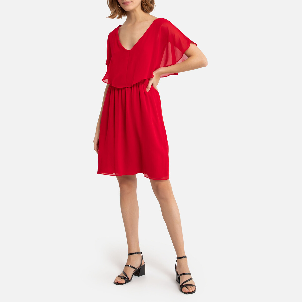 Платье LaRedoute Укороченное с V-образным вырезом 42 (FR) - 48 (RUS) красный, размер 42 (FR) - 48 (RUS) Укороченное с V-образным вырезом 42 (FR) - 48 (RUS) красный - фото 2