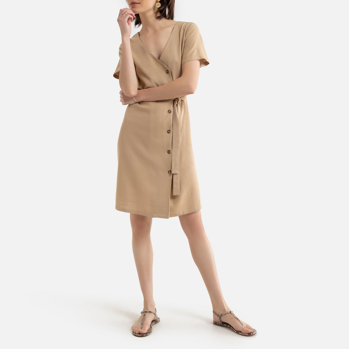 Платье LaRedoute Короткое прямое с V-образным вырезом XS бежевый, размер XS - фото 2