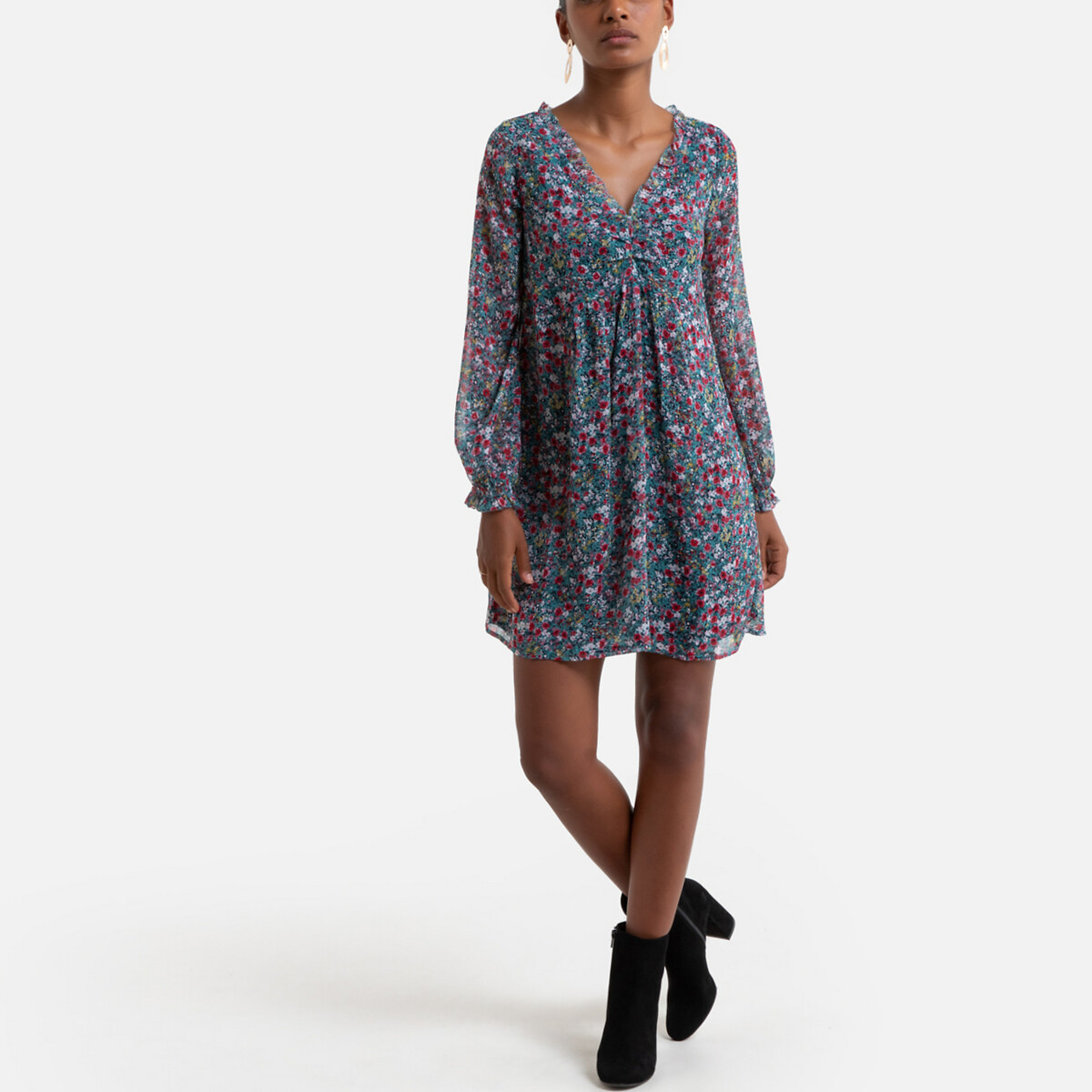 Платье La Redoute Короткое с цветочным узором V-образный вырез XS разноцветный, размер XS - фото 2