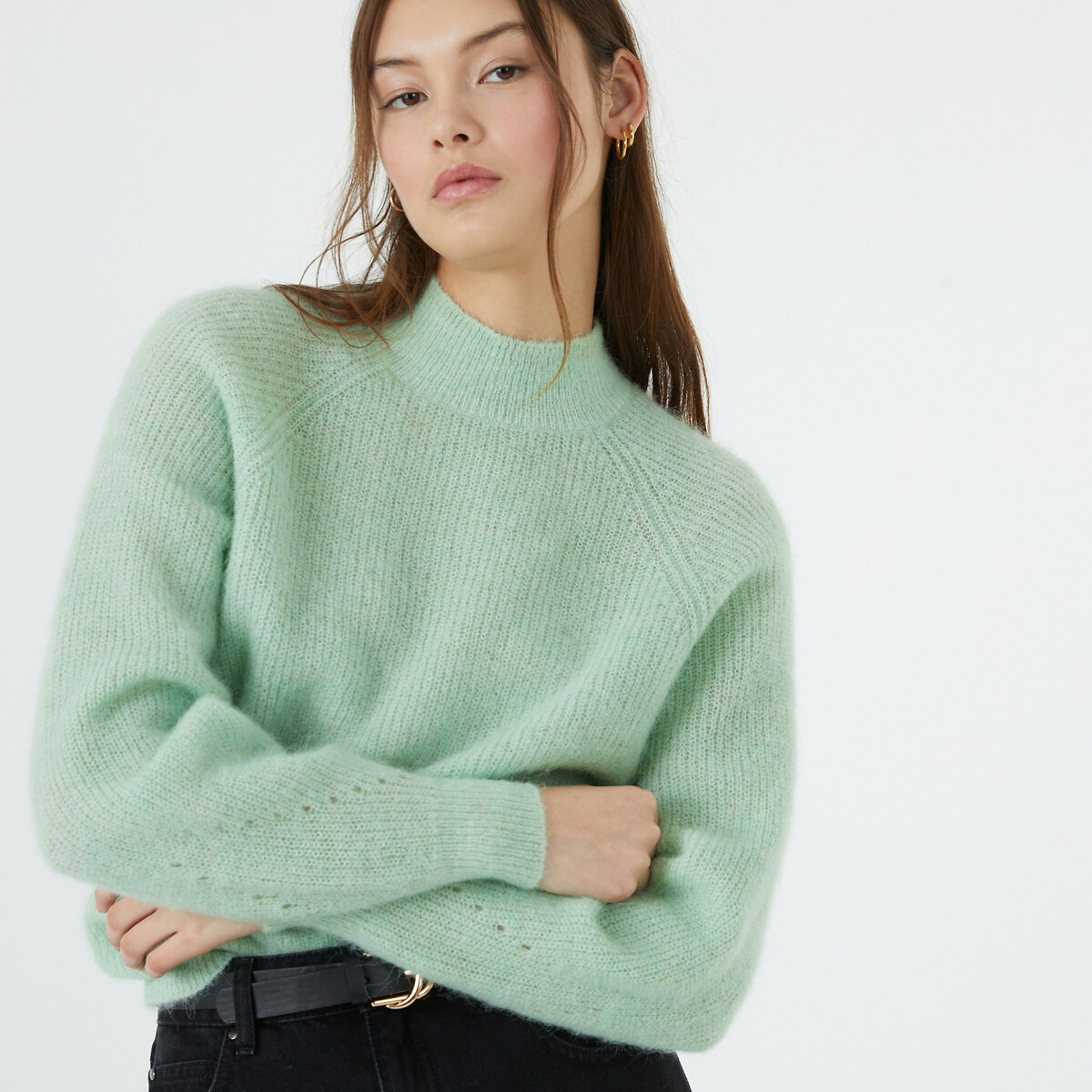 Пуловер с воротником-стойкой XL зеленый
