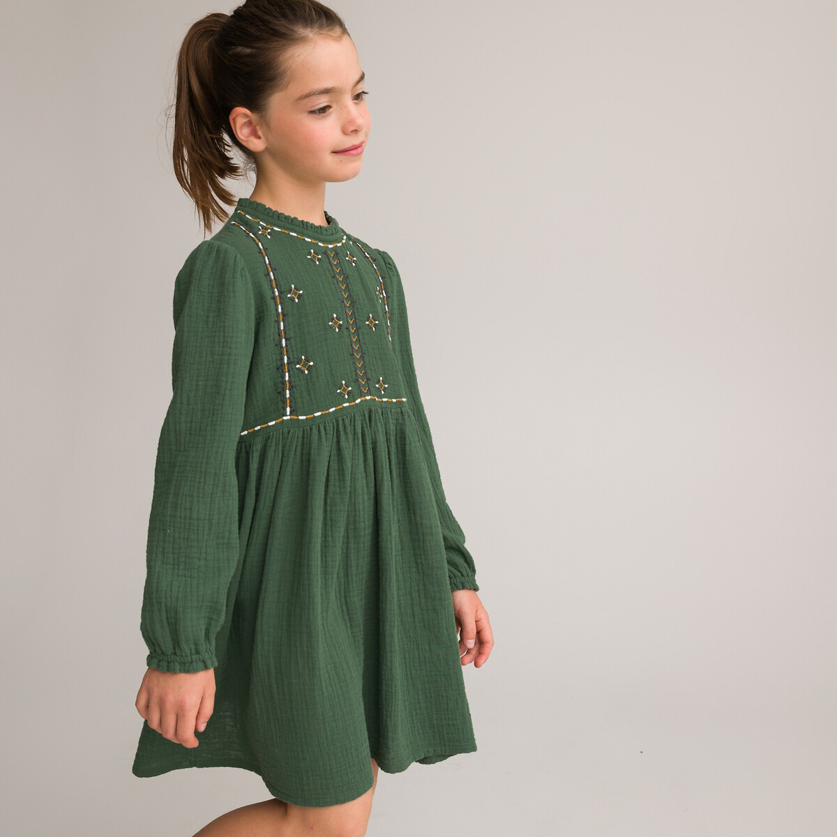 Платье LA REDOUTE COLLECTIONS Платье С вышивкой и длинными рукавами 6 лет - 114 см зеленый, размер 6 лет - 114 см