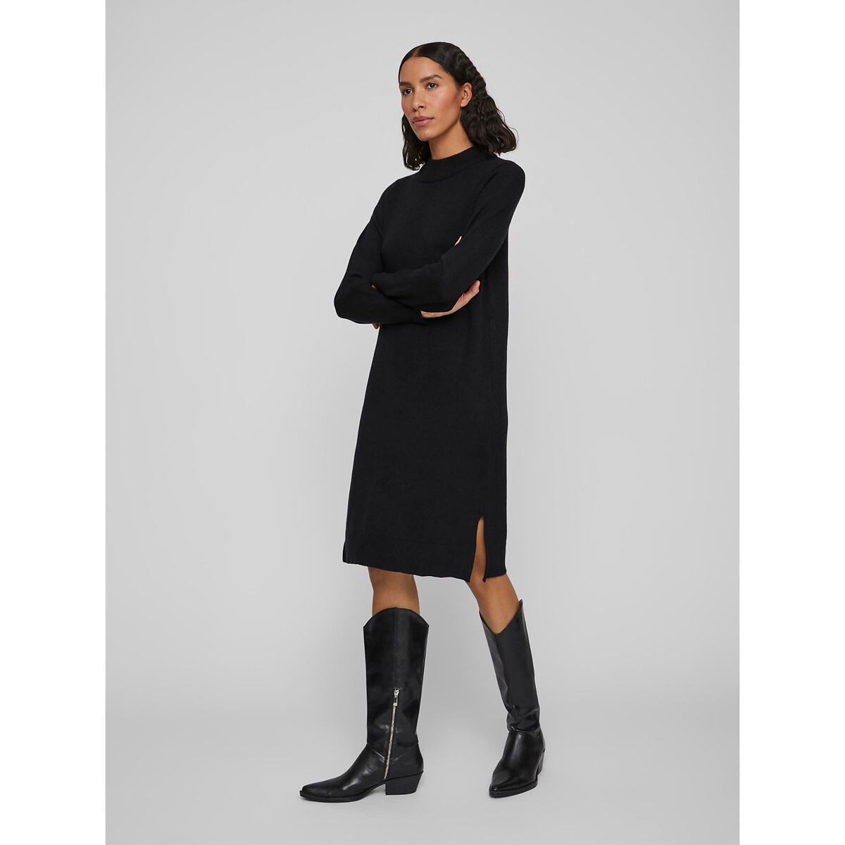 Платье-пуловер VILA Платье-пуловер Миди из тонкого трикотажа воротник-стойка XS черный, размер XS - фото 1