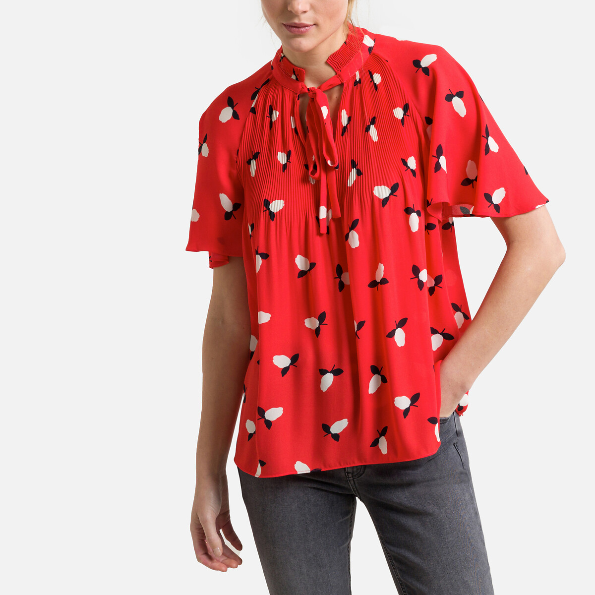 Блузка С принтом V-образным вырезом и короткими рукавами XS красный