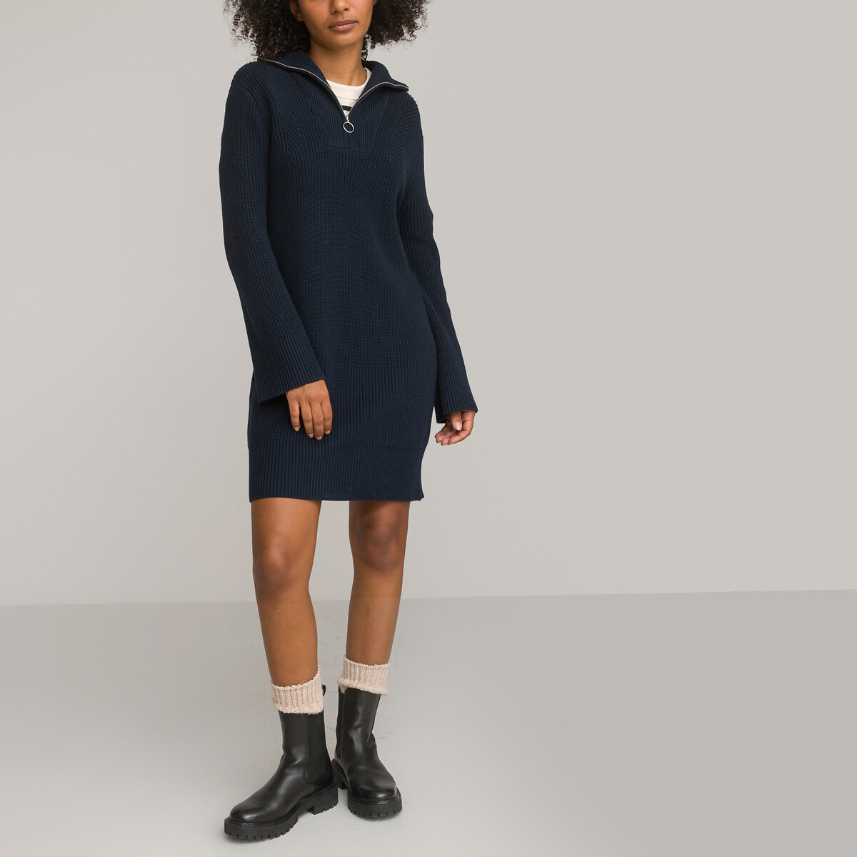 Платье-пуловер Короткое с воротником-стойкой длинные рукава XS синий LaRedoute, размер XS - фото 2