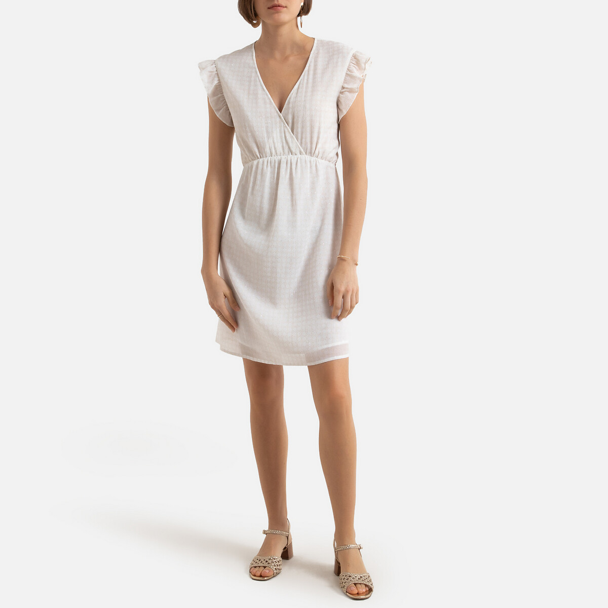 Платье LaRedoute Короткое V-образный вырез короткие рукава 0(XS) белый, размер 0(XS) Короткое V-образный вырез короткие рукава 0(XS) белый - фото 2