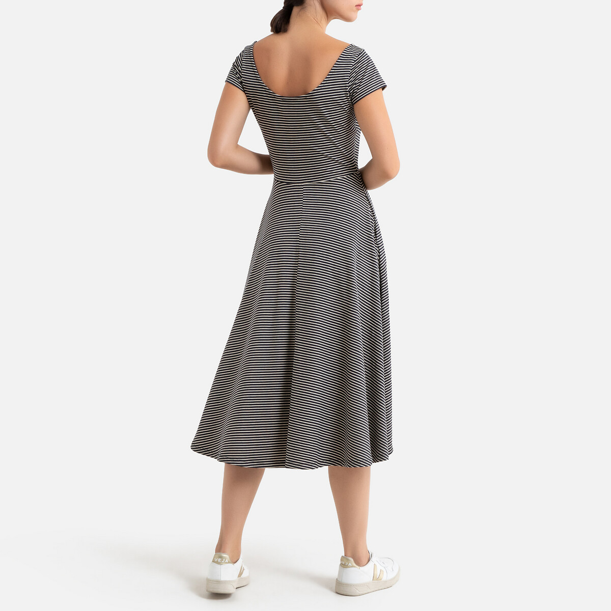 Платье La Redoute Длинное расклешенное в полоску с короткими рукавами XS бежевый, размер XS - фото 3