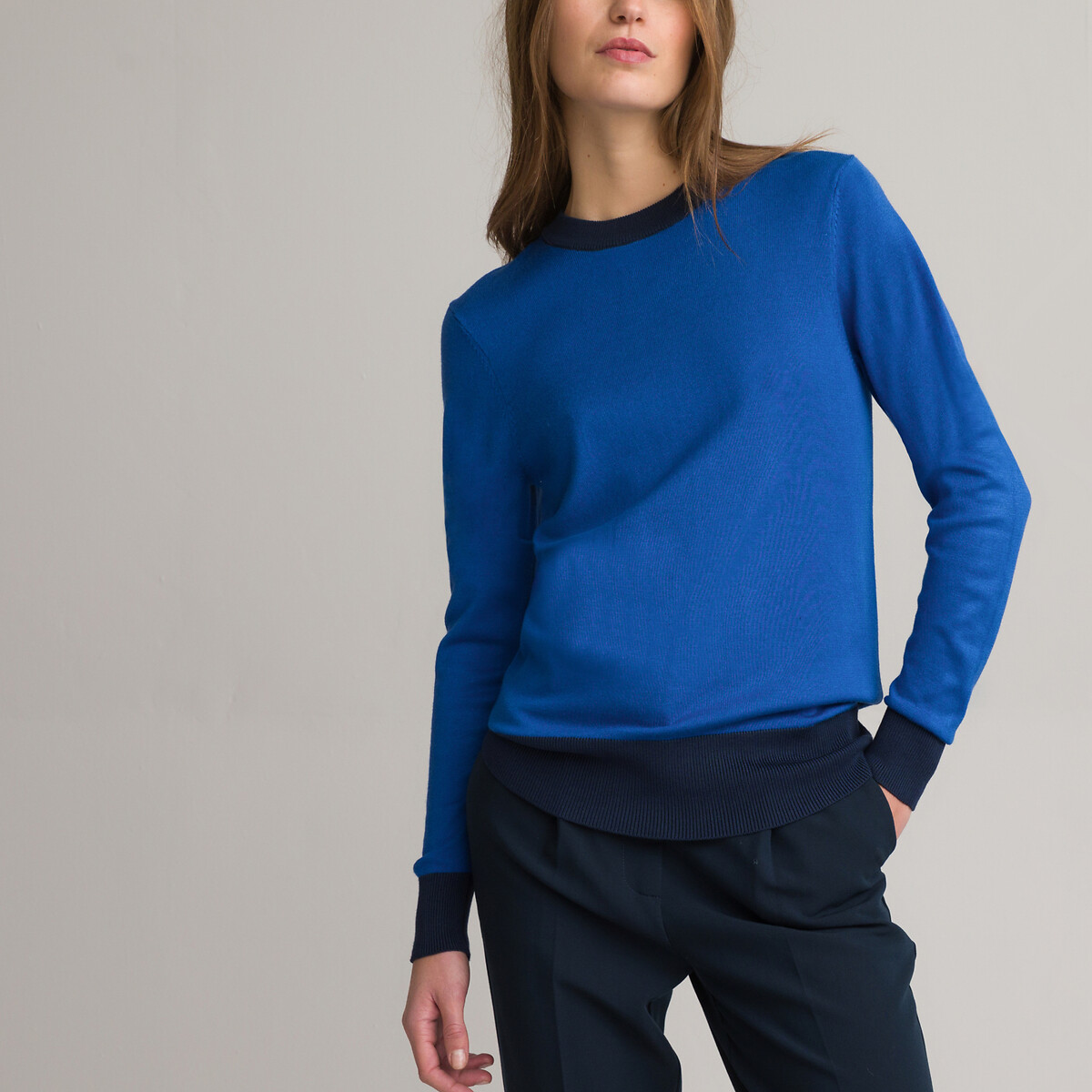 Пуловер Двухцветный с круглым вырезом из тонкого трикотажа L синий
