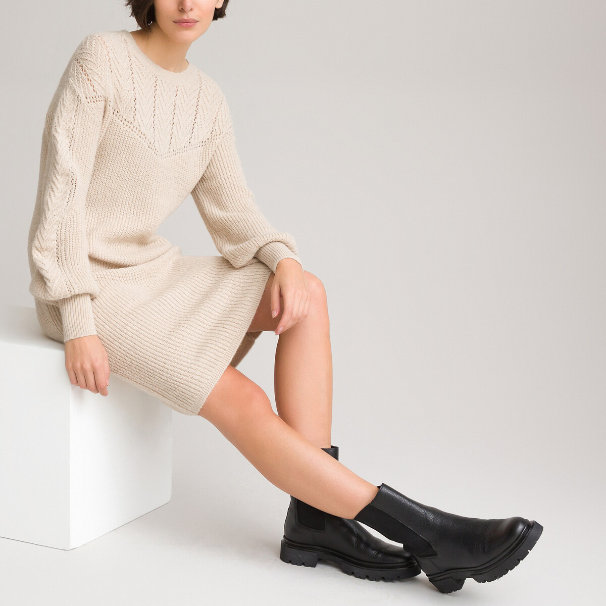 Платье-пуловер LaRedoute Короткое круглый вырез и длинные рукава L бежевый, размер L - фото 1