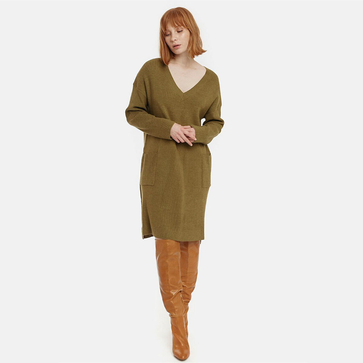 Платье-пуловер La Redoute Короткое 2 кармана S зеленый, размер S - фото 4