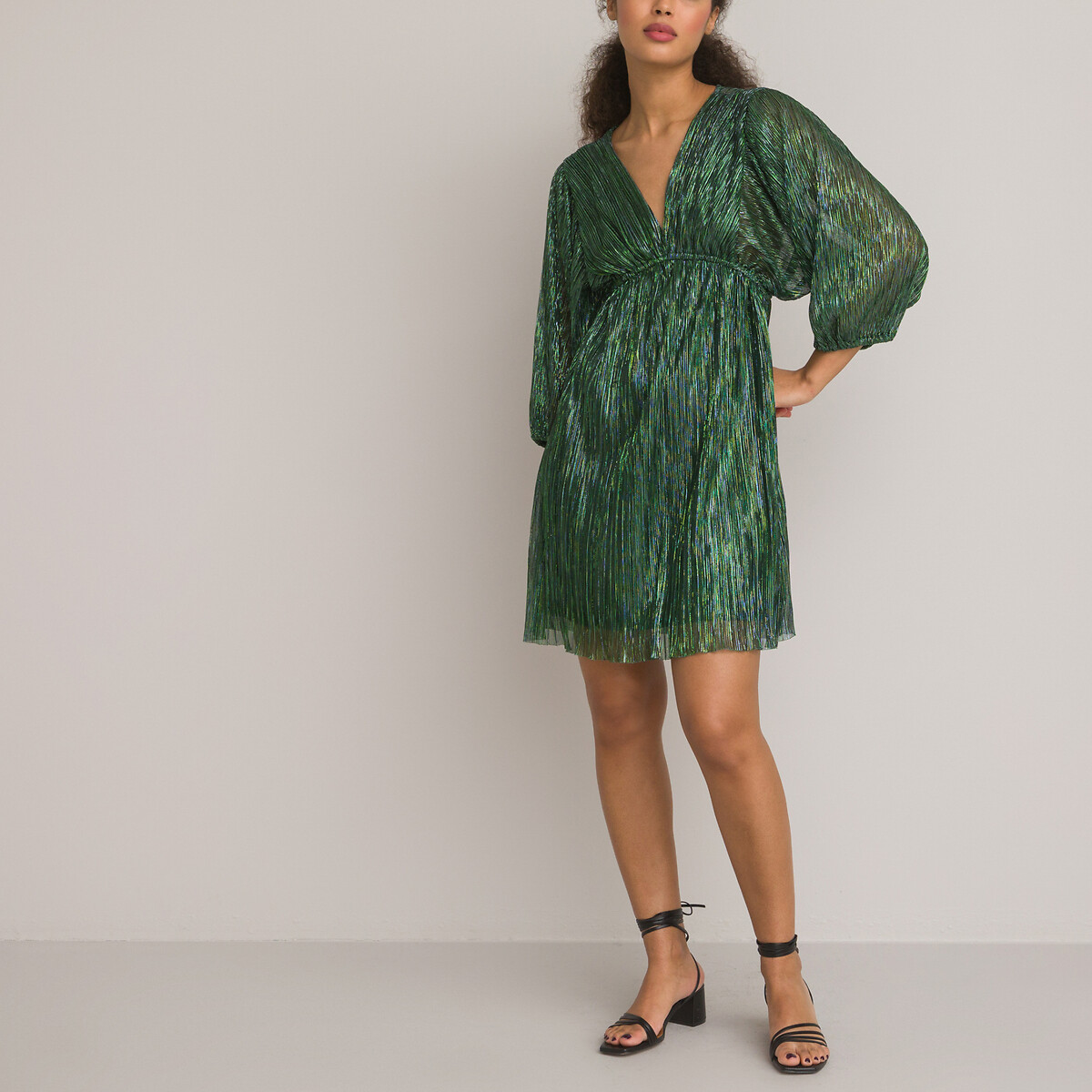 Платье Короткое с V-образным вырезом и длинными рукавами из блестящего трикотажа 50 зеленый LaRedoute, размер 50 - фото 2