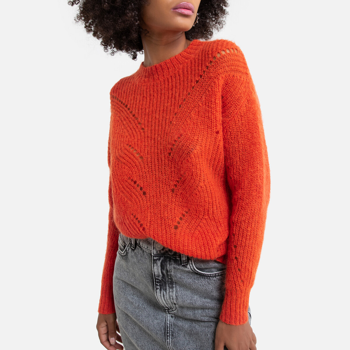 Пуловер La Redoute Объемного покроя с круглым вырезом из плотного трикотажа S оранжевый, размер S - фото 1