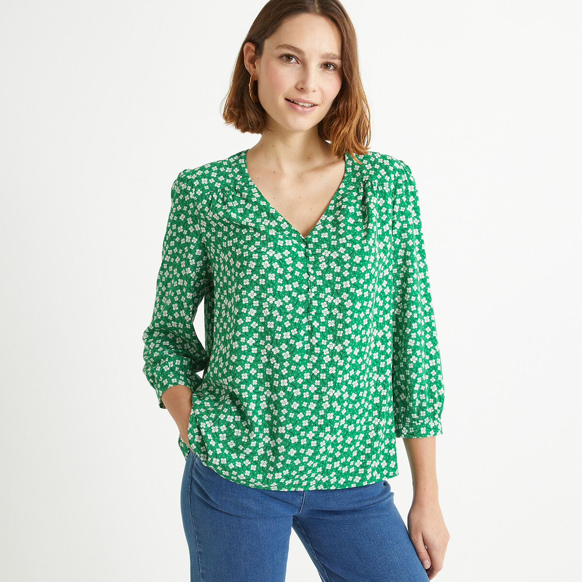 Блузка с V-образным вырезом цветочным принтом рукавами 34 44 (FR) - 50 (RUS) зеленый блузка с принтом и v образным вырезом 34 fr 40 rus черный