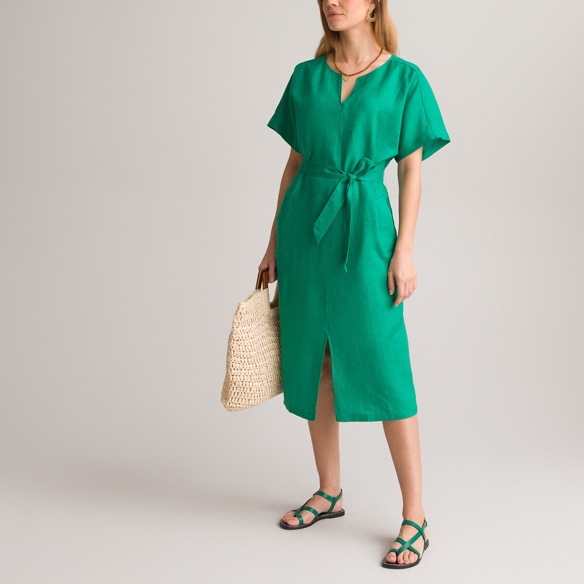 Прямое Платье из льна до колен с короткими рукавами 52 зеленый LaRedoute, размер 52 - фото 2