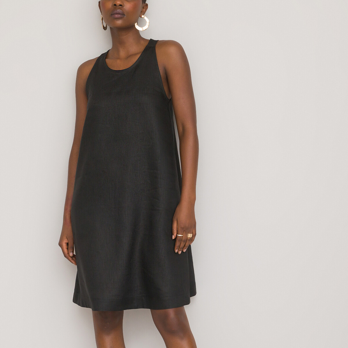 Платье LA REDOUTE COLLECTIONS Из льна короткое расклешенное с круглым вырезом без рукавов 52 черный, размер 52 - фото 2