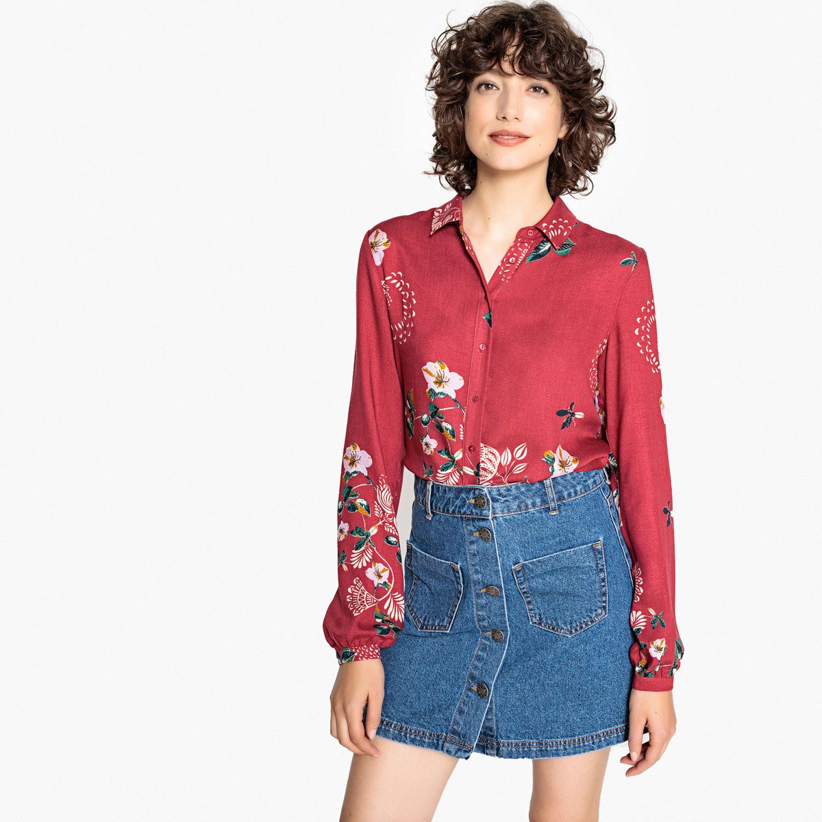 Chemise imprimée fleurs, manches longues