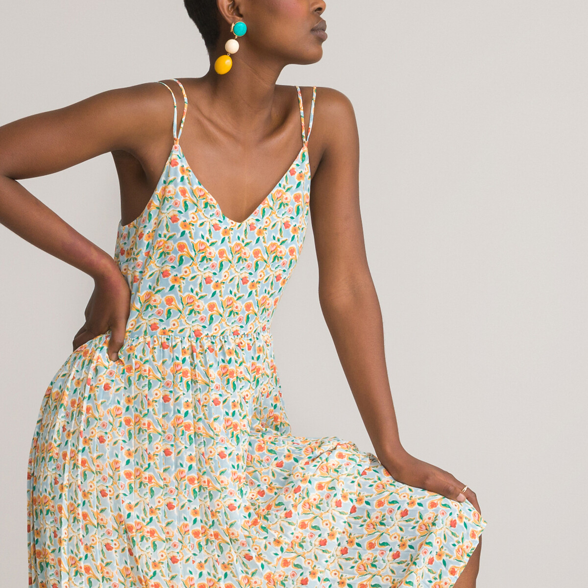 Длинное LA REDOUTE COLLECTIONS Плиссированное платье на тонких бретелях 50 разноцветный, размер 50 - фото 3