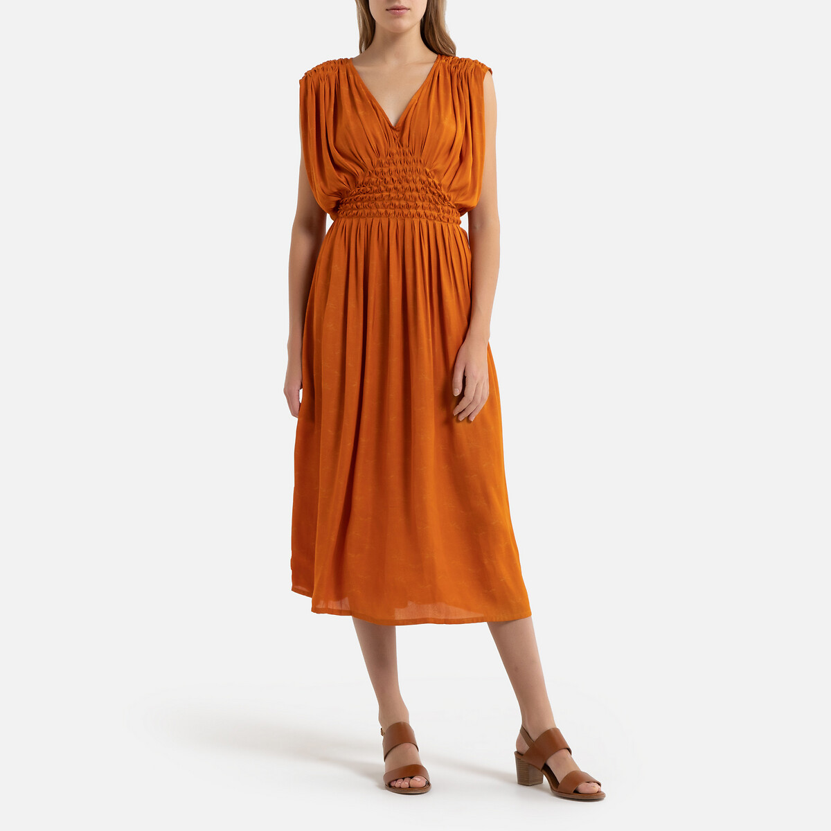 Платье La Redoute Струящееся со сборками без рукавов AVA S оранжевый, размер S - фото 1