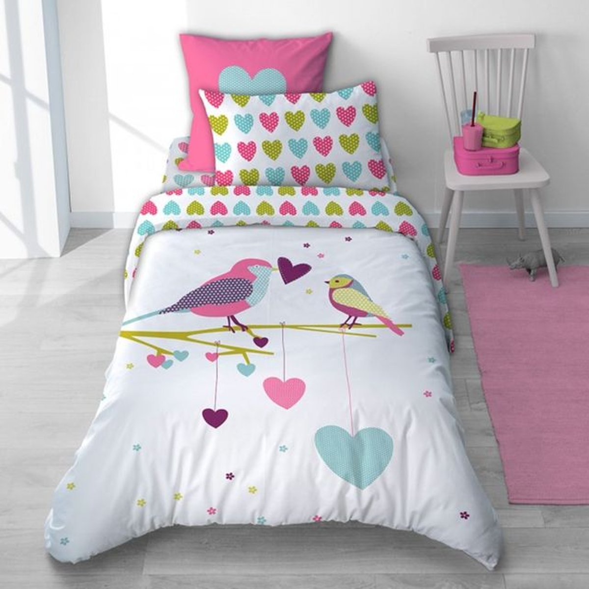 Parure de lit oiseau et coeur rose en coton pour fille - Printemps