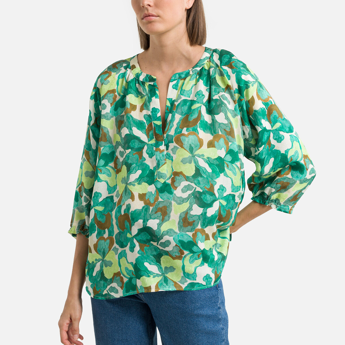 Блузка С длинными рукавами и принтом 0(XS) зеленый