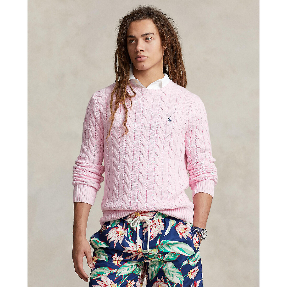 Пуловер с круглым вырезом и узором косы из хлопкового трикотажа XL розовый пуловер с круглым вырезом из трикотажа с узором косы xl розовый