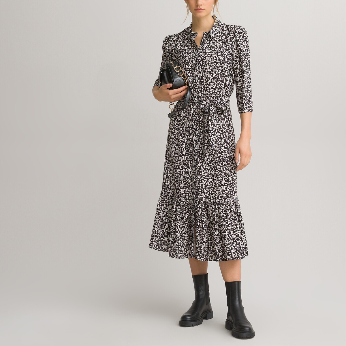 Платье-рубашка LaRedoute Длинное с рукавами 34 с принтом 42 черный, размер 42 - фото 1