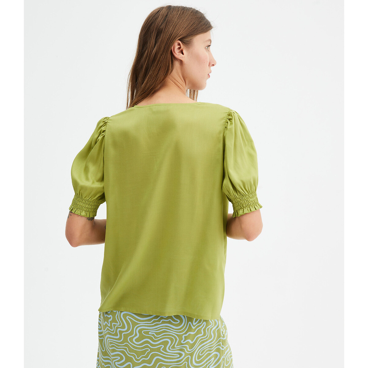 Блузка Однотонная с короткими рукавами с напуском M зеленый LaRedoute, размер M - фото 3