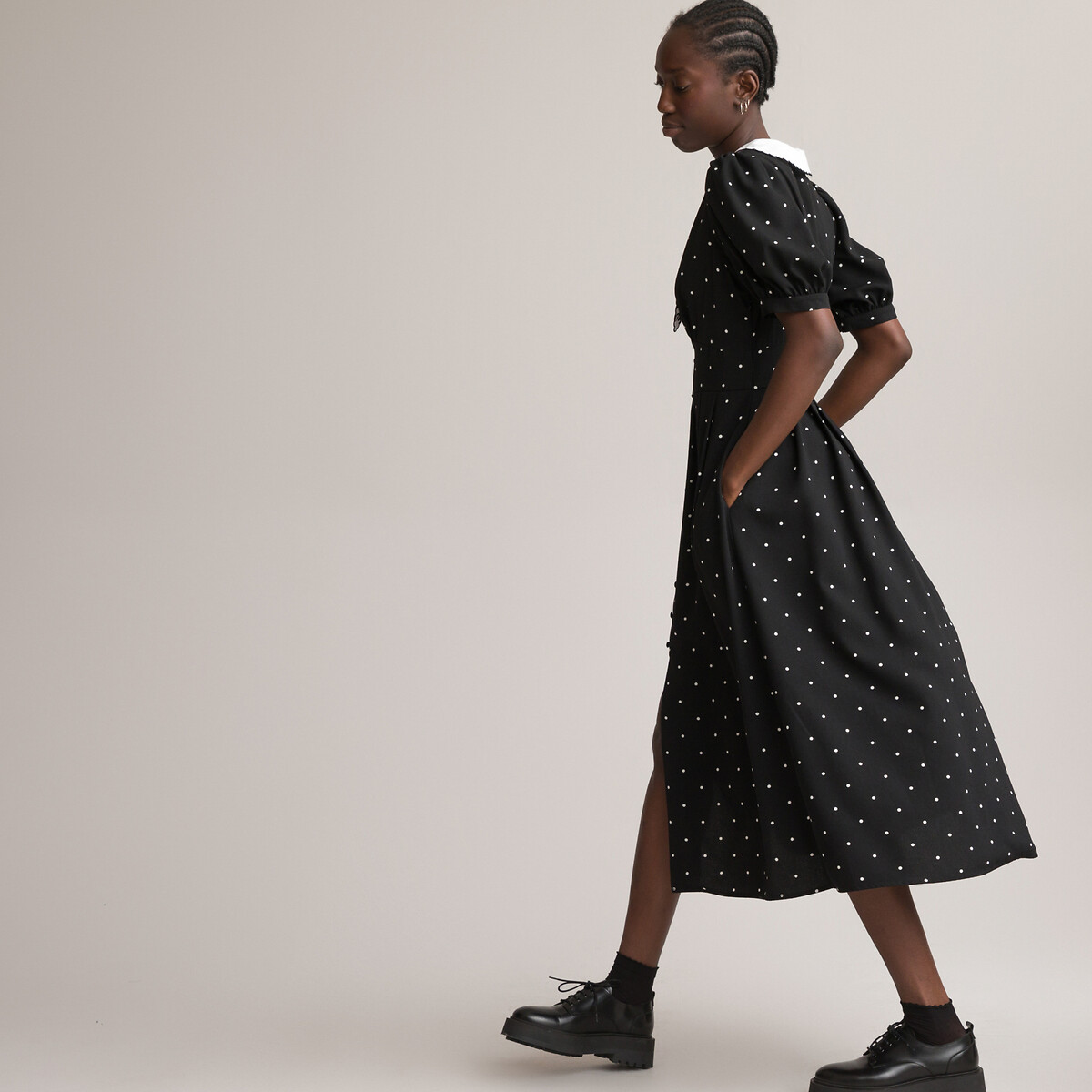 Длинное LA REDOUTE COLLECTIONS Длинное Платье в горошек с вышитым воротником в стиле Питер Пэн 44 черный, размер 44 - фото 4