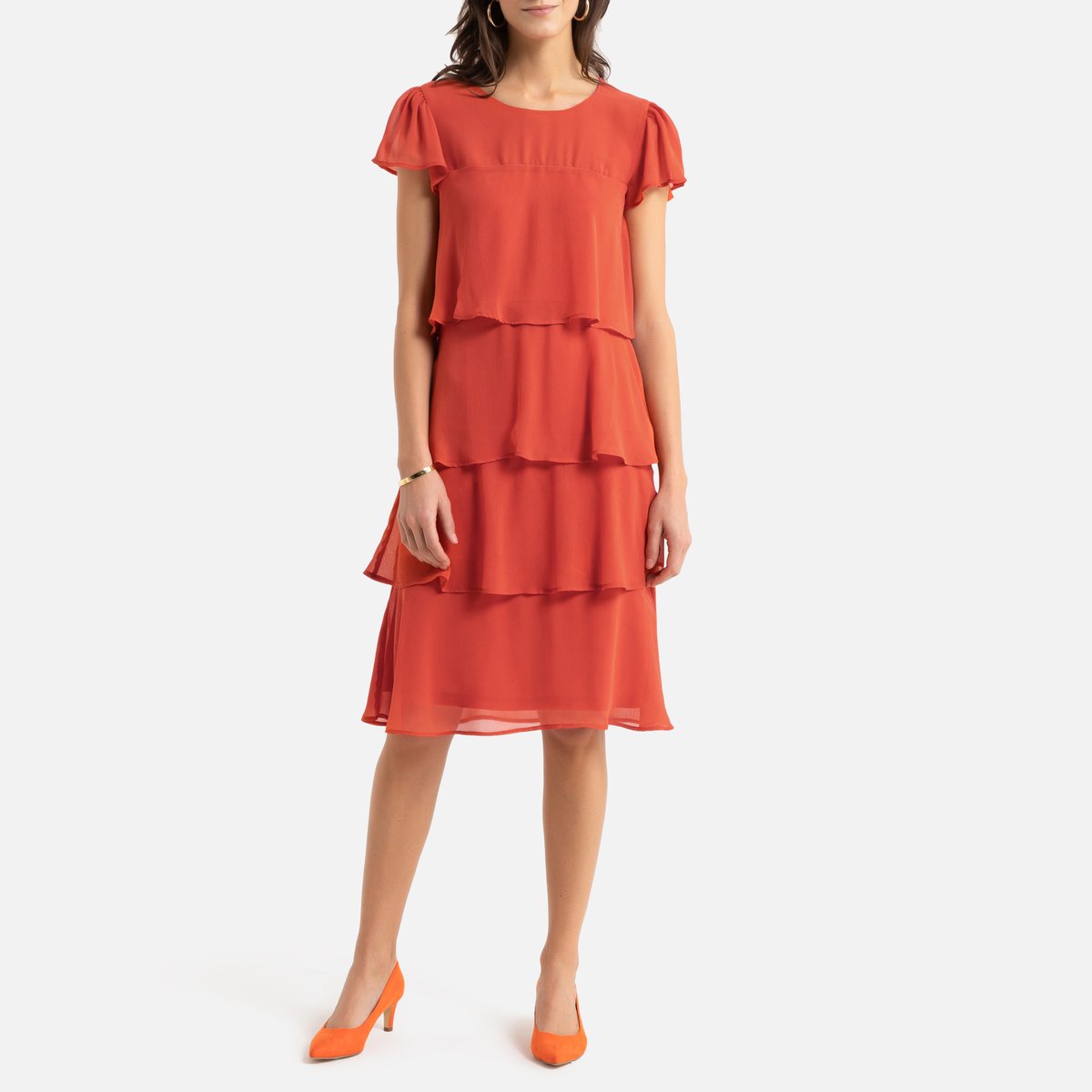 Платье La Redoute С воланом из жатого крепа 36 (FR) - 42 (RUS) оранжевый, размер 36 (FR) - 42 (RUS) С воланом из жатого крепа 36 (FR) - 42 (RUS) оранжевый - фото 2