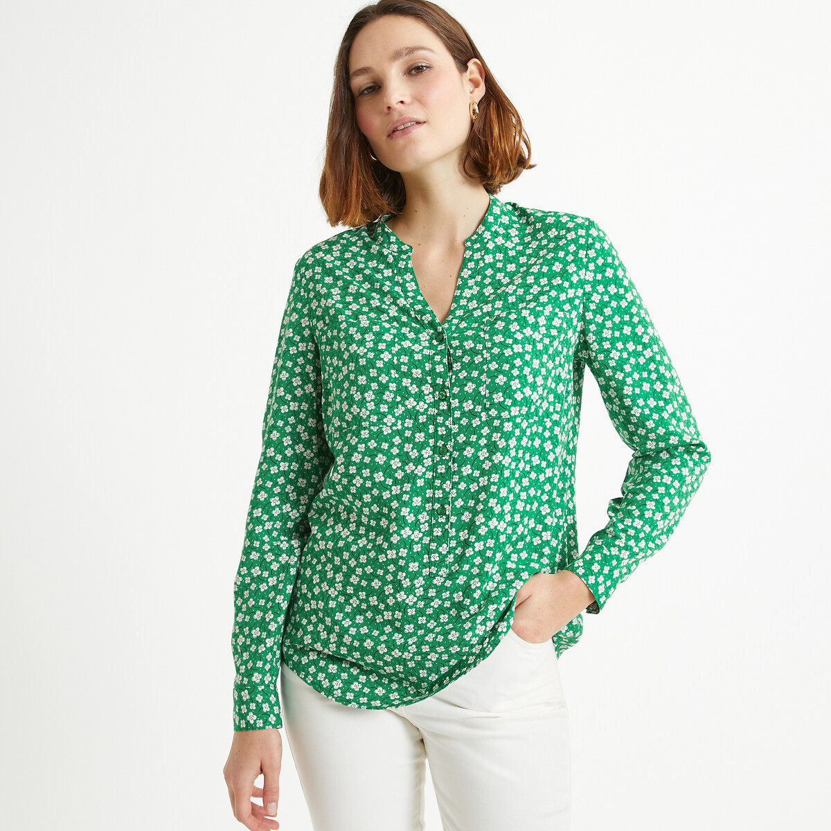 Блузка с тунисским вырезом и цветочным принтом 54 (FR) - 60 (RUS) зеленый блузка с короткими рукавами и принтом 54 fr 60 rus зеленый