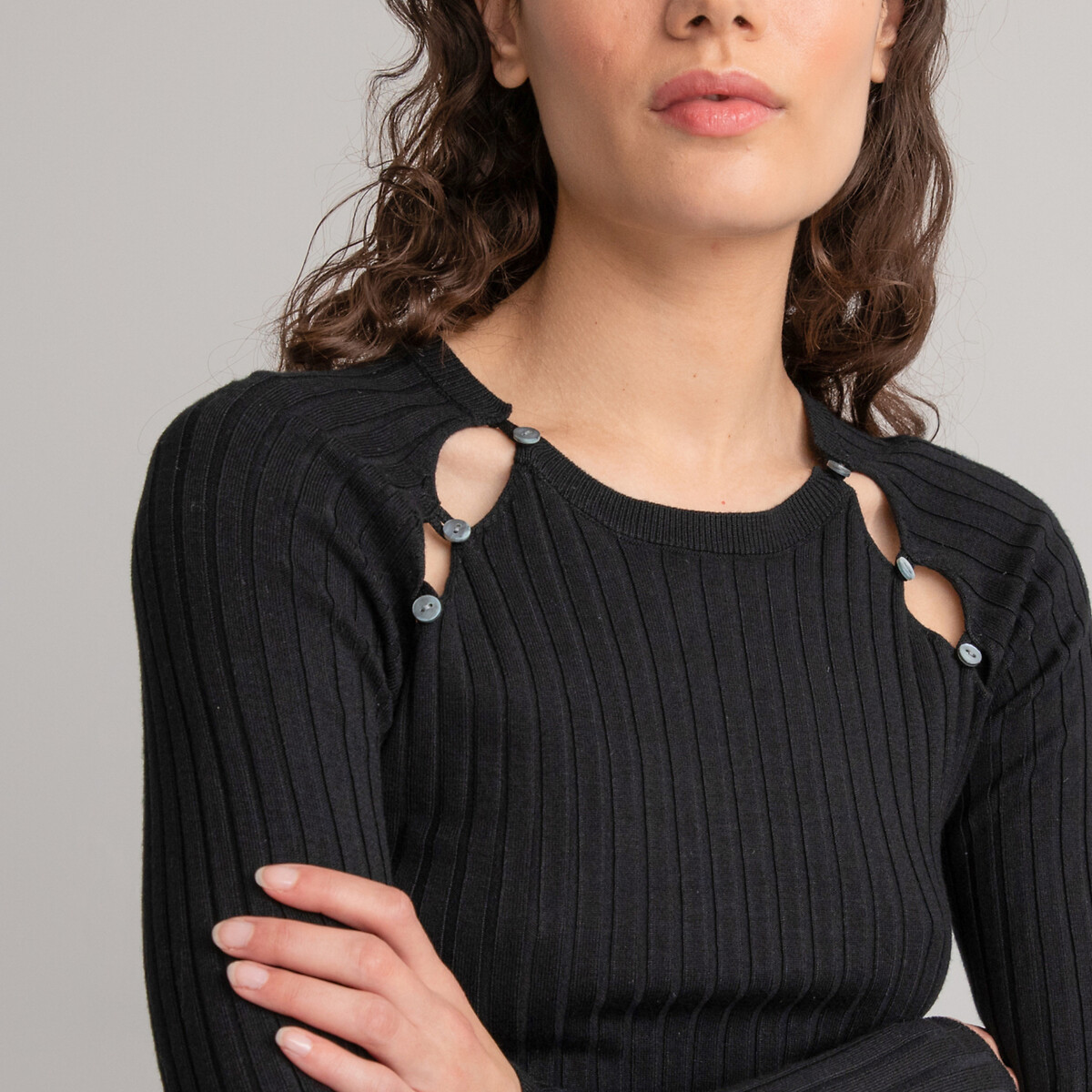 Пуловер с круглым вырезом из рифленого трикотажа L черный