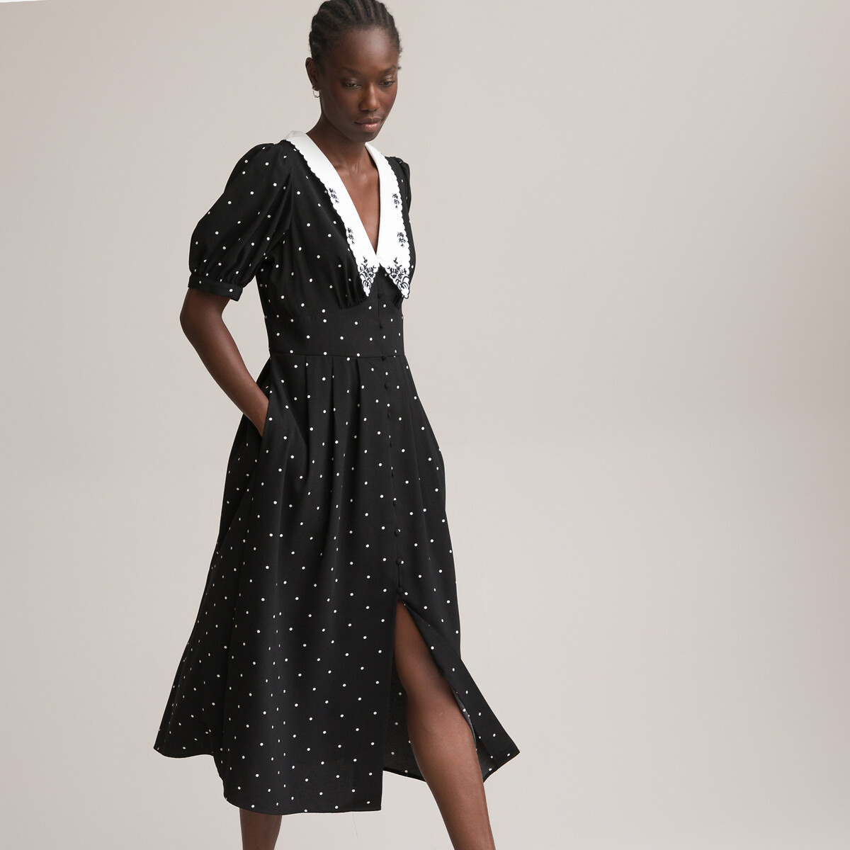 Длинное LA REDOUTE COLLECTIONS Длинное Платье в горошек с вышитым воротником в стиле Питер Пэн 44 черный, размер 44 - фото 3