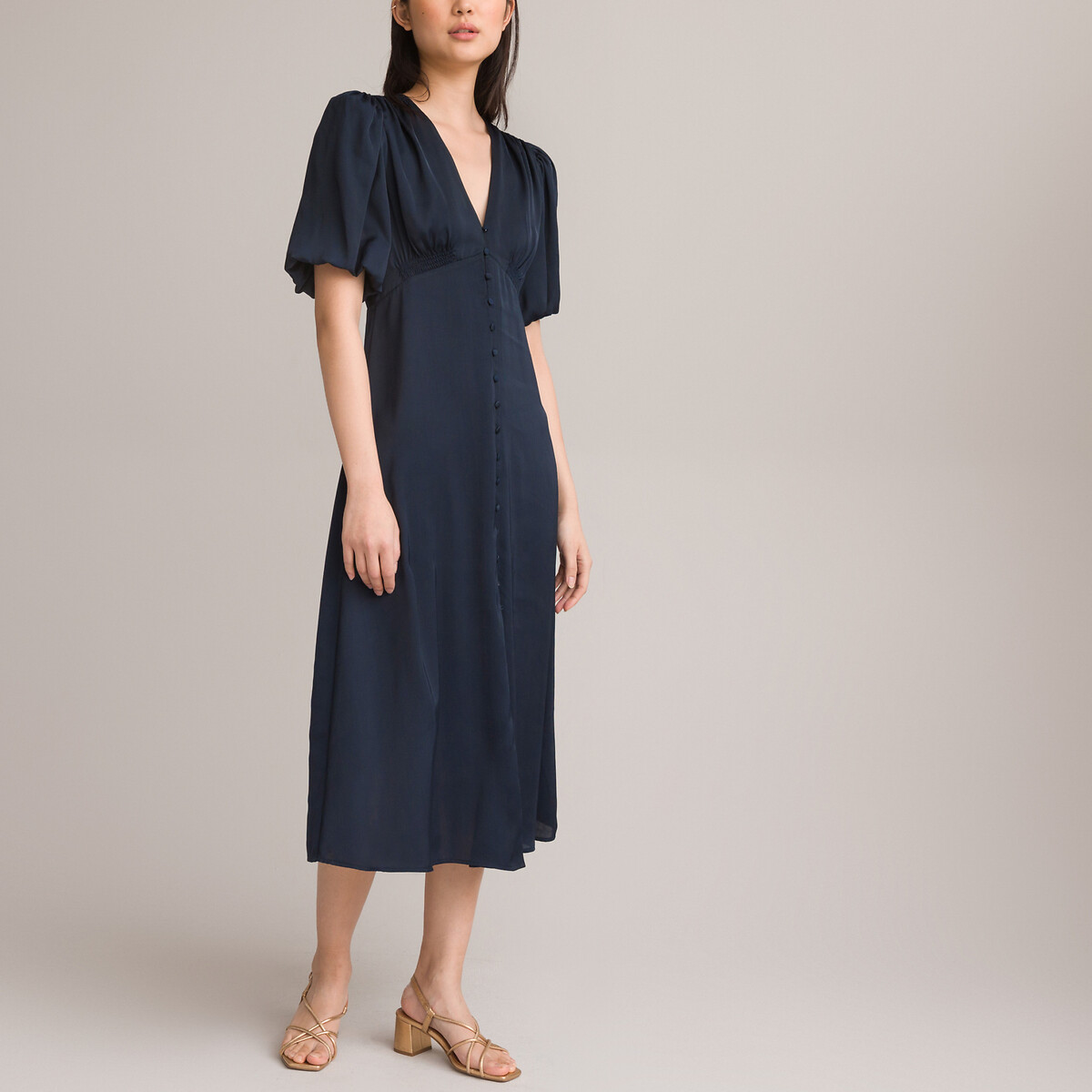 Платье Длинное расклешенное короткие рукава с напуском 46 синий LaRedoute, размер 46 - фото 3