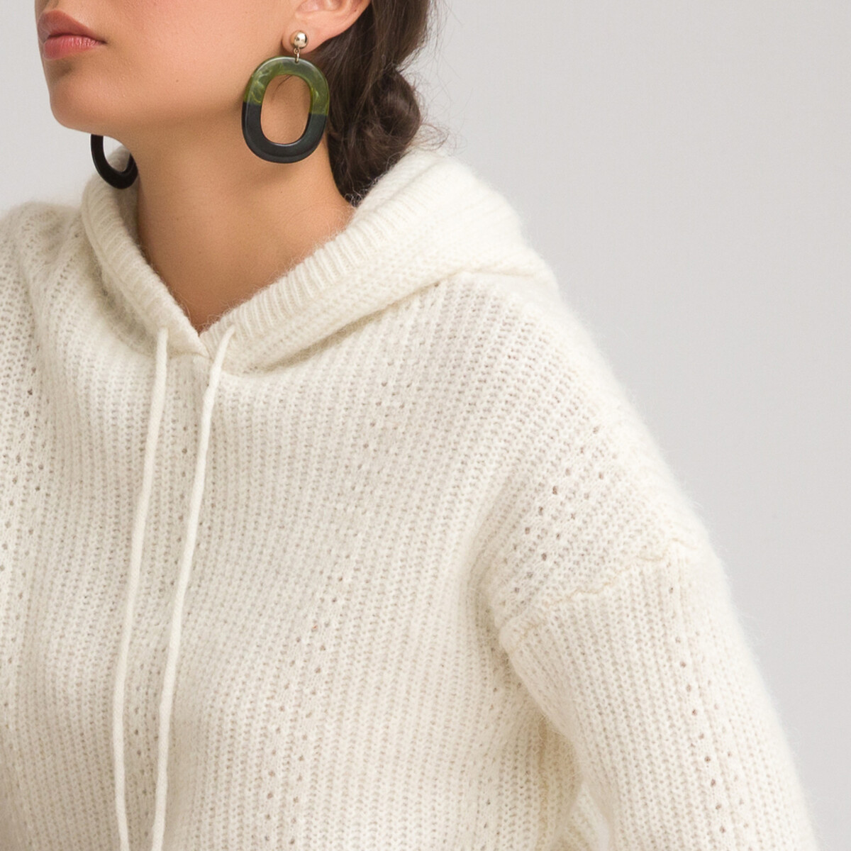 Пуловер LaRedoute С капюшоном из оригинального смешанного трикотажа альпаки L белый, размер L - фото 3