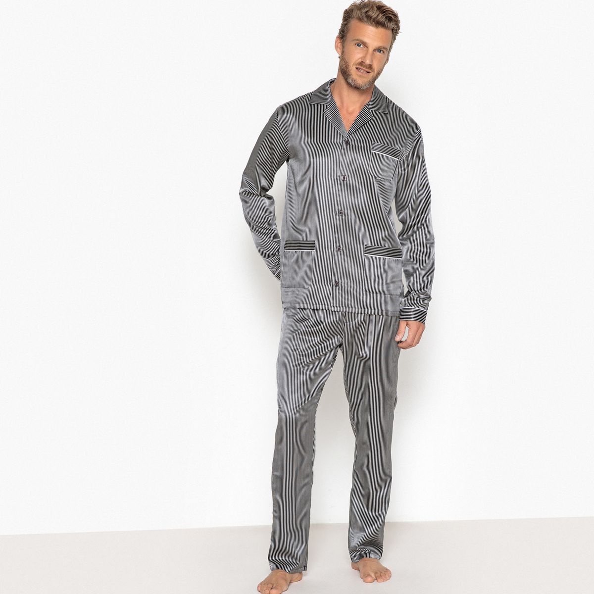Pyjama veste, satin rayé, col tailleur