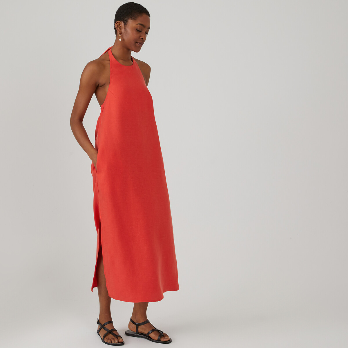 Платье без рукавов длинное из лиоцелла и льна  54 оранжевый LaRedoute, размер 54