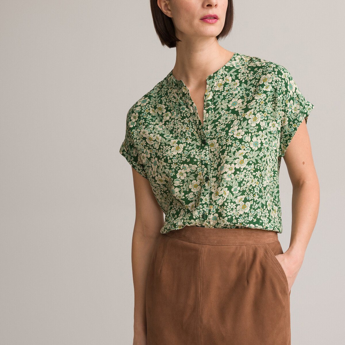 Блузка С круглым вырезом цветочный принт короткие рукава 48 (FR) - 54 (RUS) зеленый