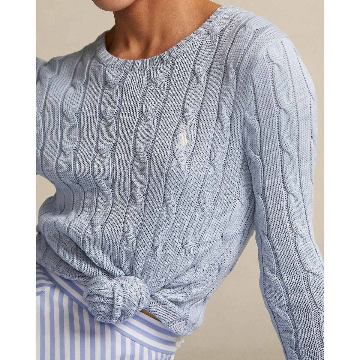 Пуловер LaRedoute С круглым вырезом плетеным узором из хлопковой ткани M синий, размер M - фото 4