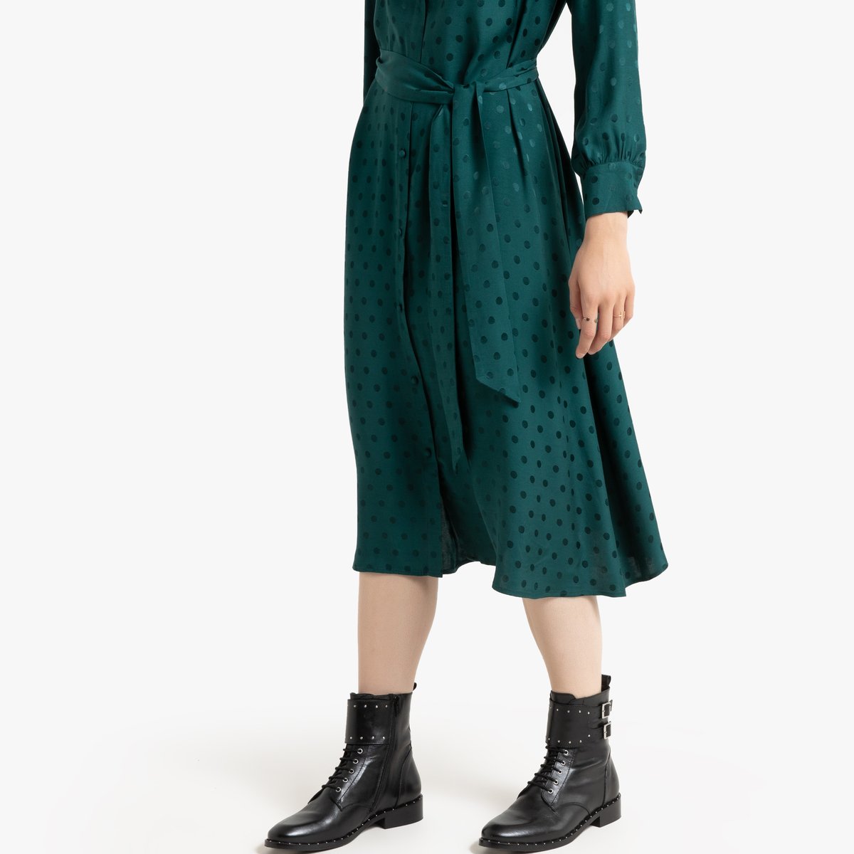 Платье-рубашка LaRedoute Миди с длинными жаккардовыми рукавами 40 зеленый, размер 40 - фото 3
