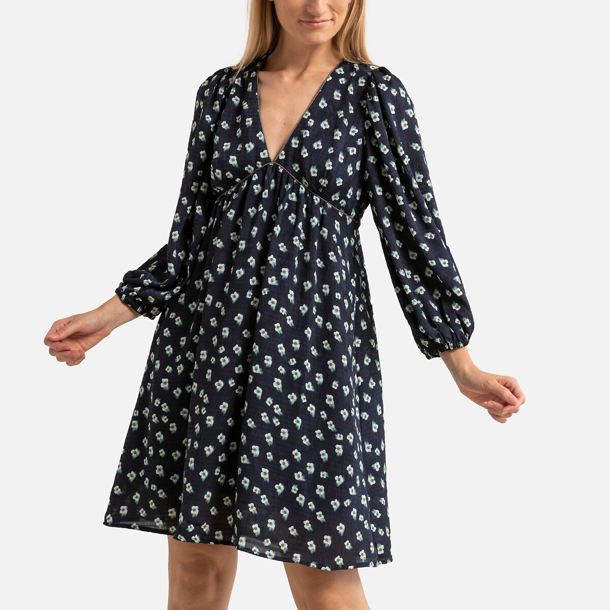 Платье короткое с цветочным принтом длинные рукава  4(XL) синий LaRedoute, размер 4(XL) Платье короткое с цветочным принтом длинные рукава  4(XL) синий - фото 1