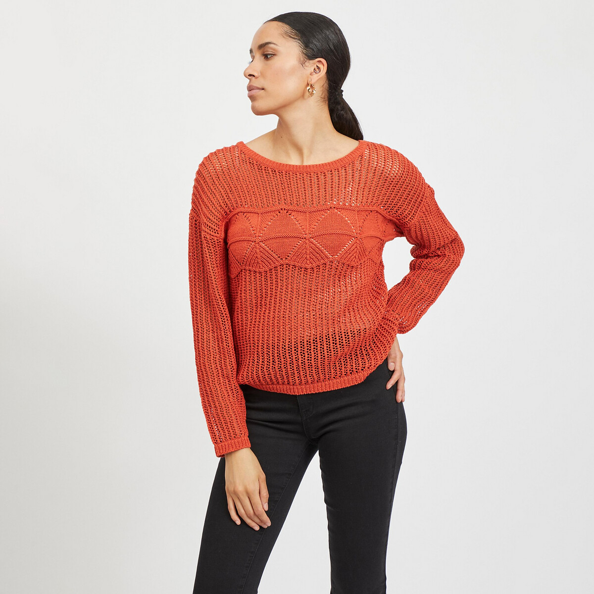 Пуловер С круглым вырезом из тонкого ажурного трикотажа XS оранжевый